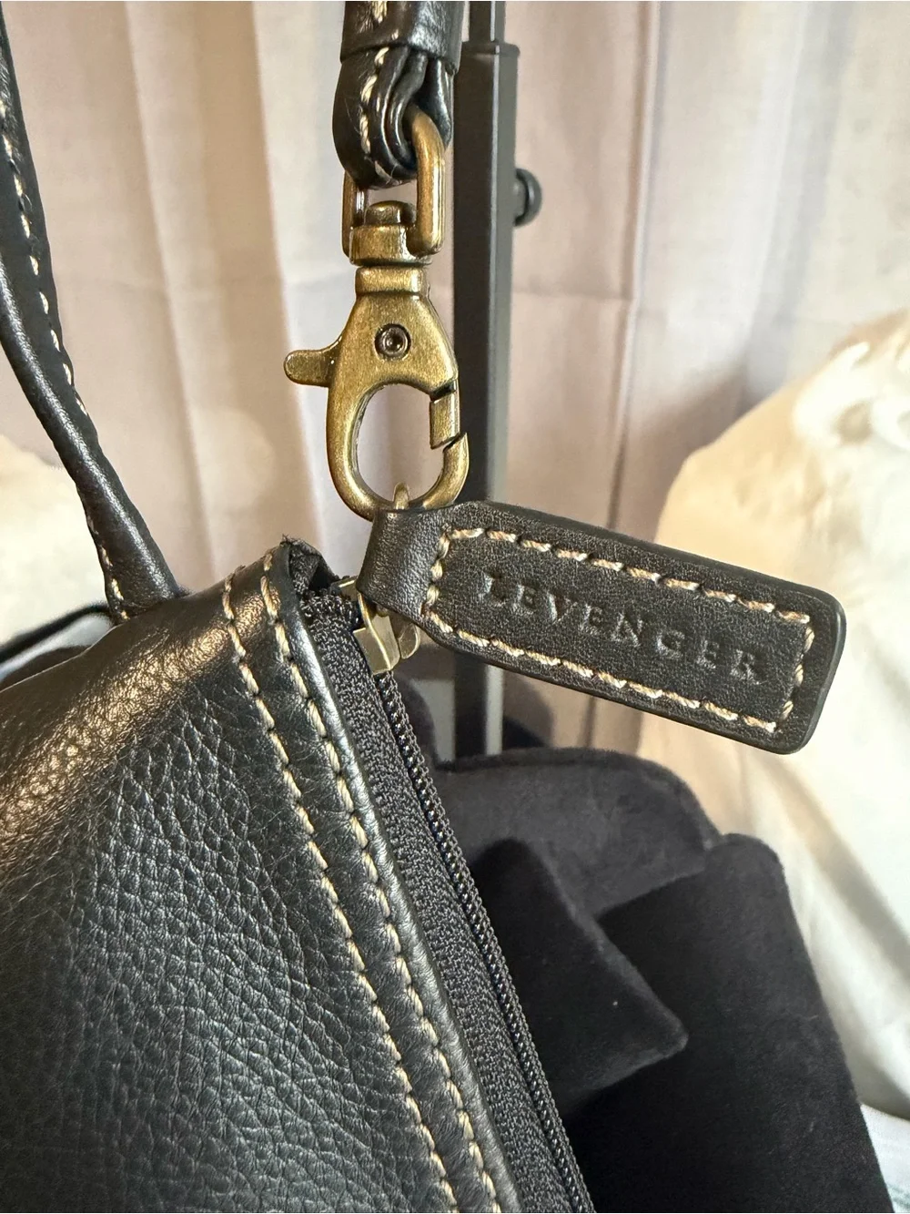 Levenger Black Pebbled Genuine Leather St. Tropez Wristlet Pouch Bag